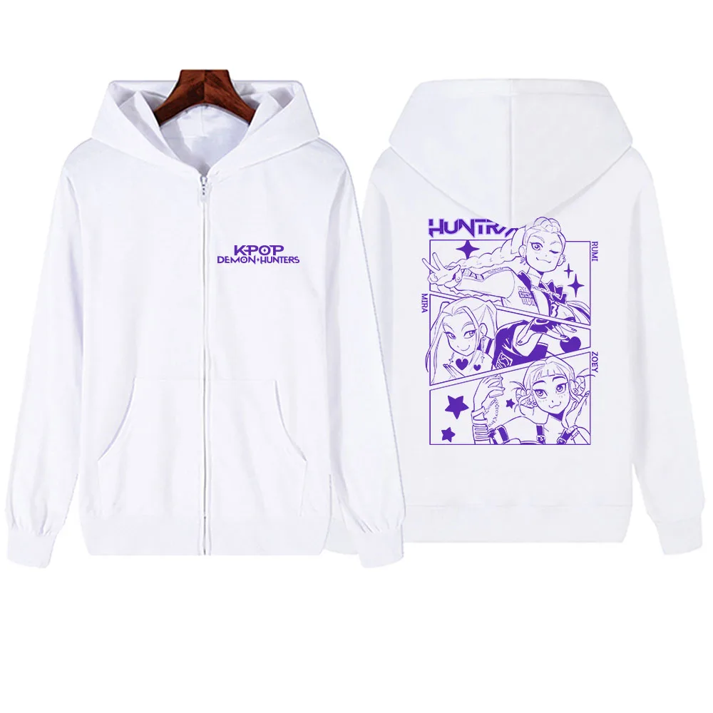 Harajuku Trendy KPop Demon Hunters Graphic Zipper Hoodie Plus Size Women Men Zip Up Streetwear Long Sleeve Fleece Sweatshirt