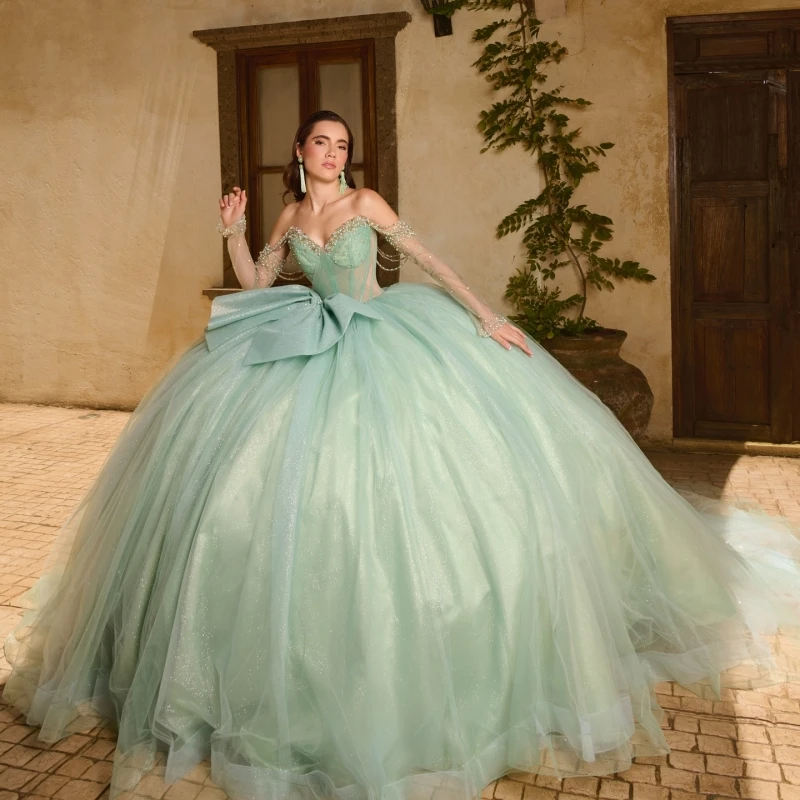 

Sage Green Shiny Quinceanera Dresses Ball Gown Off The Shoulder Beading Crystal Bow Corset Tull Party Birthday Sweet 16 Dress