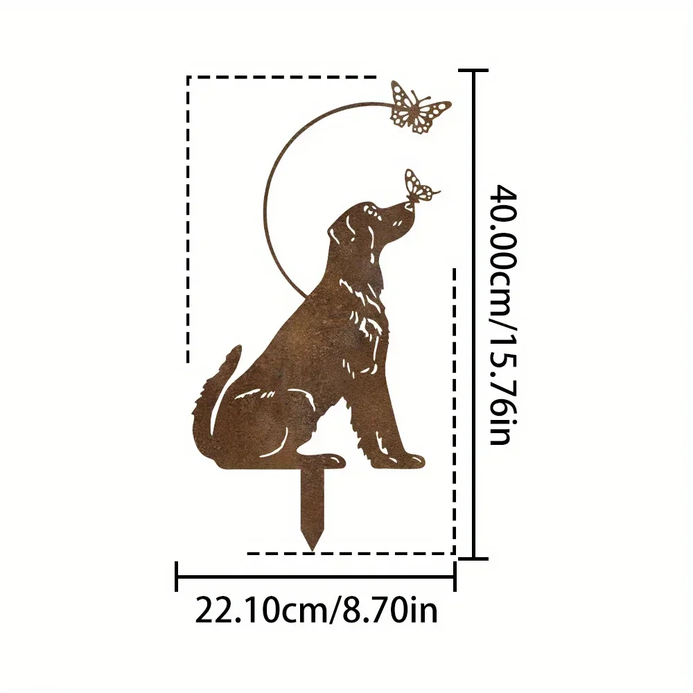 Rust-Colored Metal Outdoor Dog Decorations - Individually Crafted - Rustic Dog-Shaped Garden Stakes with Butterfly Motifs, Durable Metal Garden Art