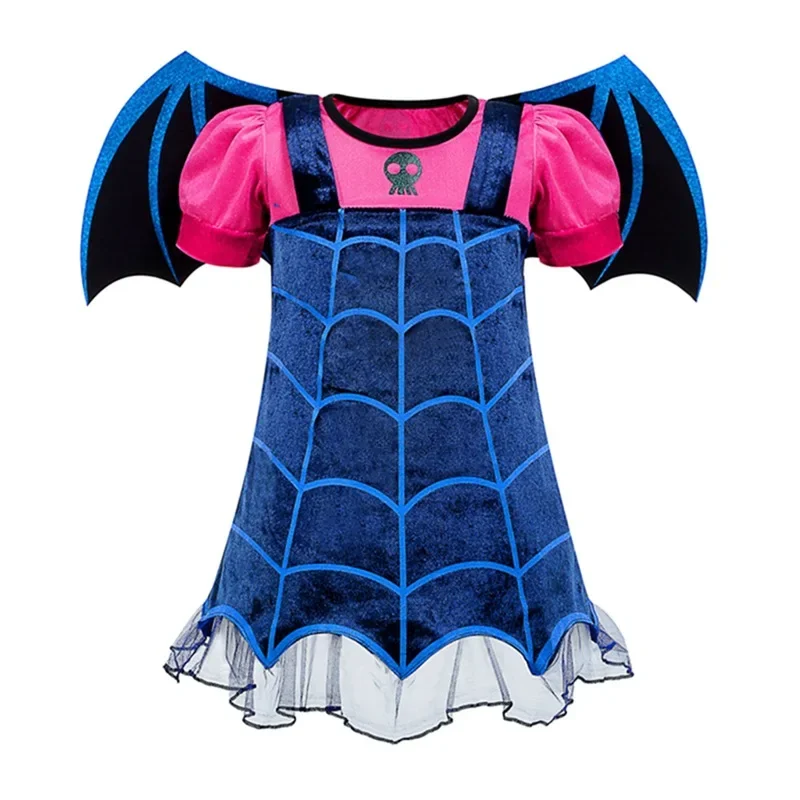 Ensemble jupe courte de vampire bleu de dessin animé pour petite fille, bande de sauna, gants ailés, cosplay d'Halloween, déguis