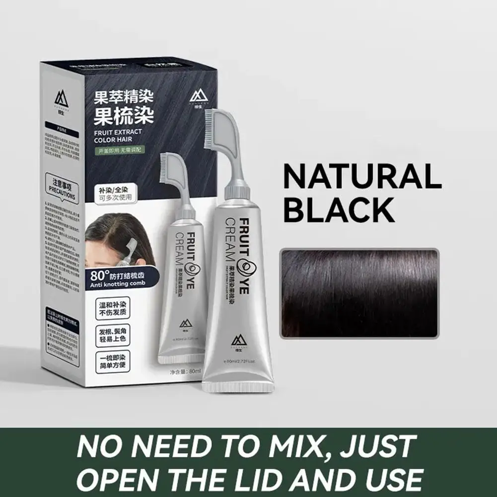 Champú de tinte para el cabello negro con peine, crema de tinte para el cabello instantáneo a base de plantas puras para cubrir el cabello permanente, 80ml