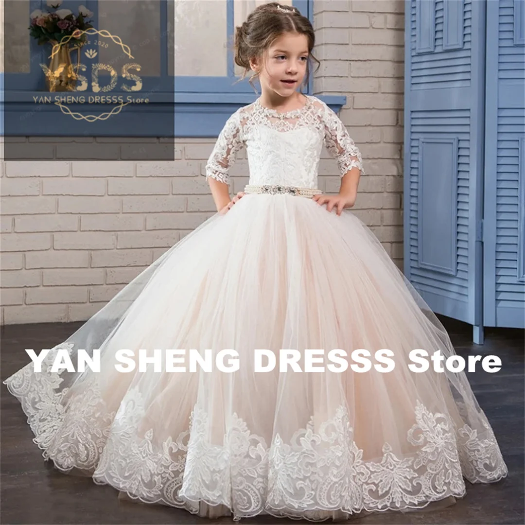 Customized Flower Girl Dresses Champagne Tulle White Appliques Diamond Pearl Belt Half Sleeve For Wedding Birthday First Communi