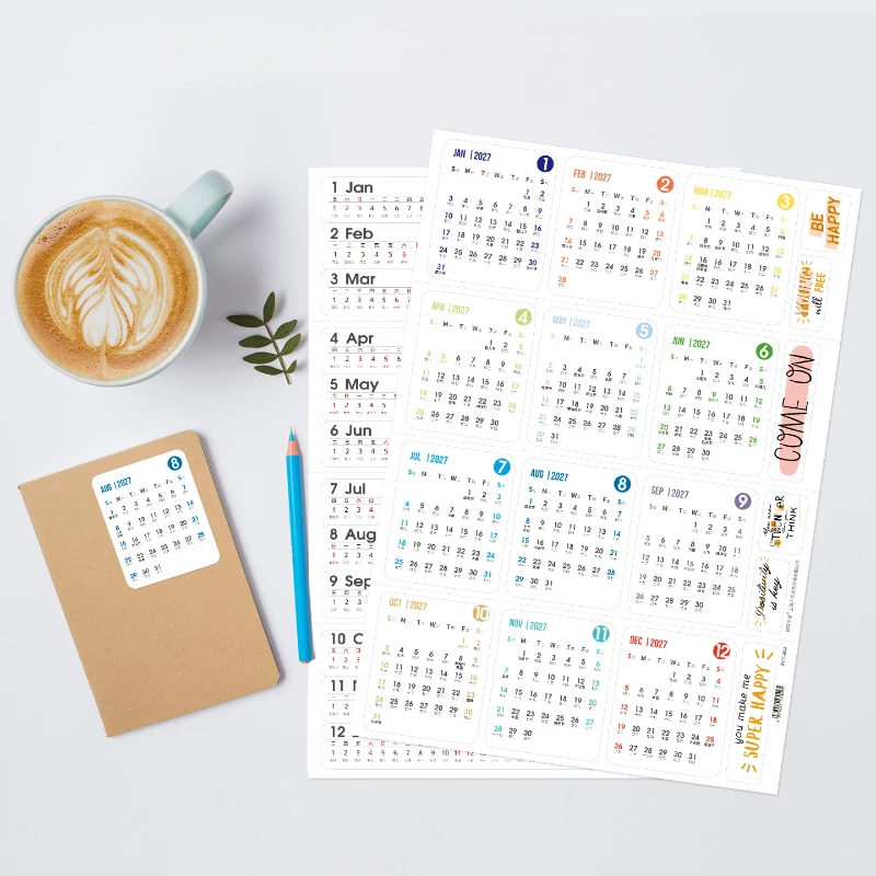 2027Full-year calendar stickers，insSimple and stylish writable self-adhesive planner stickers，DIYMonthly Check-in Planning Stick