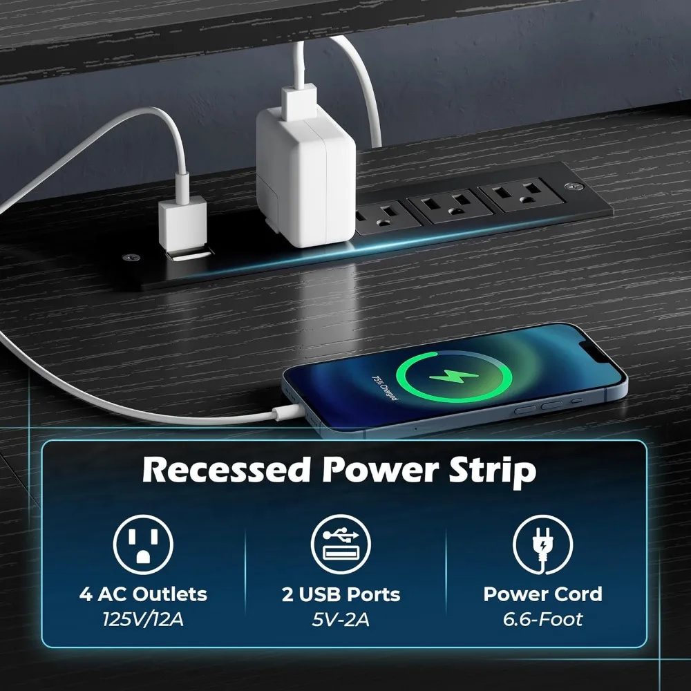 Scrivania da gioco a forma di L con luci a LED e prese di corrente, scrivania per Computer con supporto per Monitor