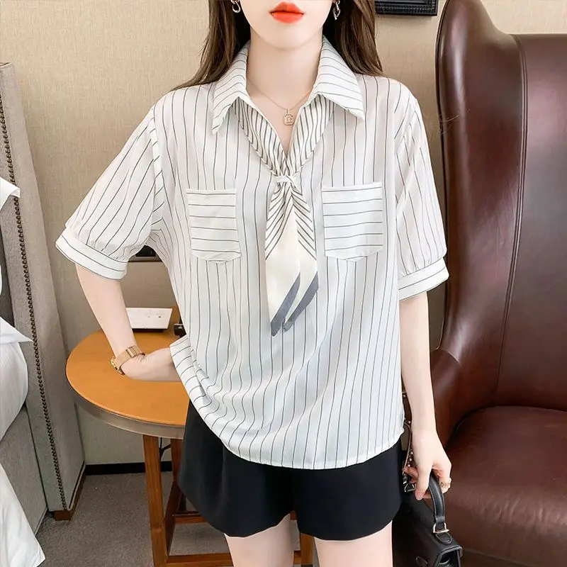 Neues Sommer-Top mit Polokragen-Design für Damen, gestreiftes Hemd, kleiner Duftstil, Revers, kurze Ärmel
