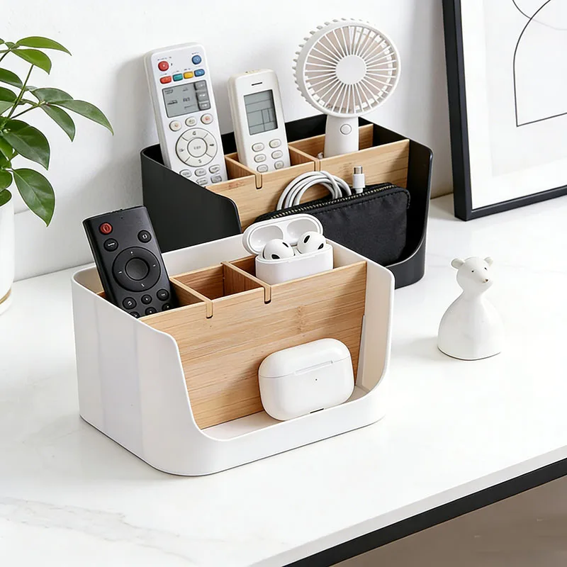 5 Compartments Desk Organizer with Removable Bamboo Diveders Large Capacity Remote Controls Makeup Brush Sundries Storage Box