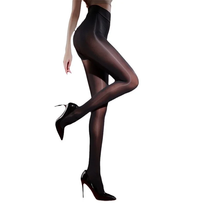 Damen Übergröße Schwarze Transparente Strumpfhose Sexy Glänzende Pferdeöl-Strumpfhose Hochelastische Taille Schwarze Strumpfhose