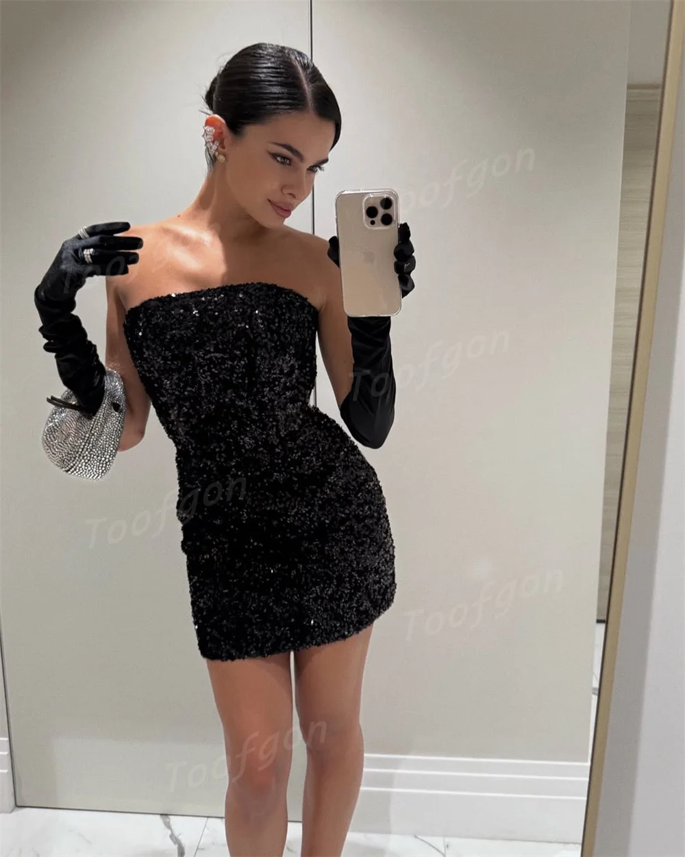 Toofan Роскошные черные короткие мини-вечерние платья по индивидуальному заказу с блестками и бусинами без рукавов платье для выпускного вечера женское блестящее вечернее платье