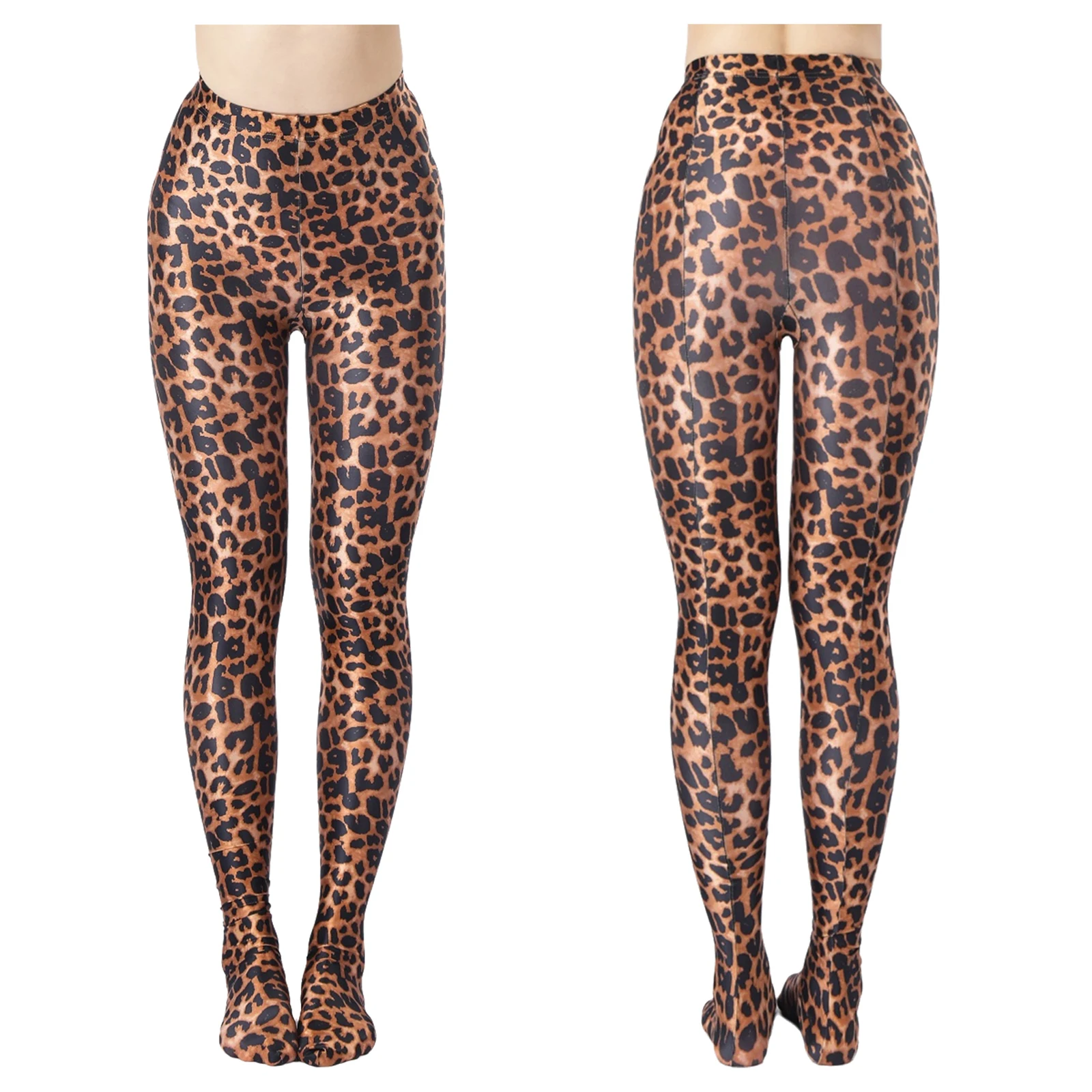 Unisex Womens Mens Leopard Printed Glossy Pantyhose Tummy Control Back Seams Footed Leggings Tights for Halloween Cosplay Party
