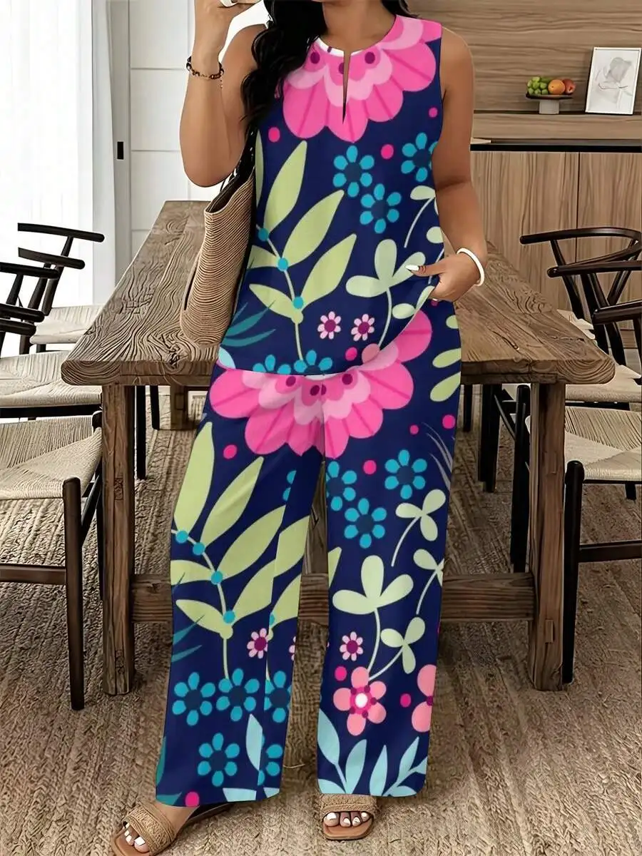 

2PCS Women Sleeveless V-Neck Top And Wide Leg Pants Floral Print Set