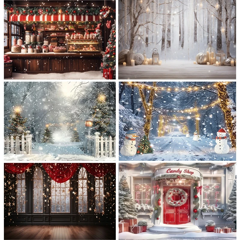 

Christmas Tree With Gift Boxes Photography Backdrops Winter Snow Decorations Wooden Door Fireplace Room Background Props WR-16