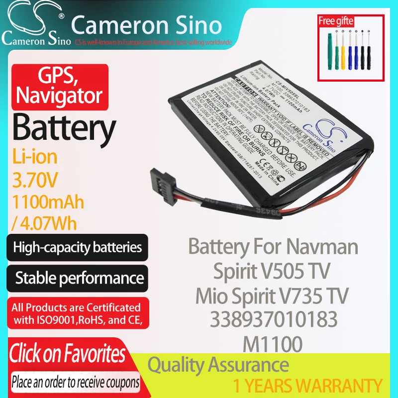 CameronSino Battery for Navman Spirit V505 TV Mio Spirit V735 TV fits Navman 338937010183 M1100 GPS,Navigator battery 1100mAh