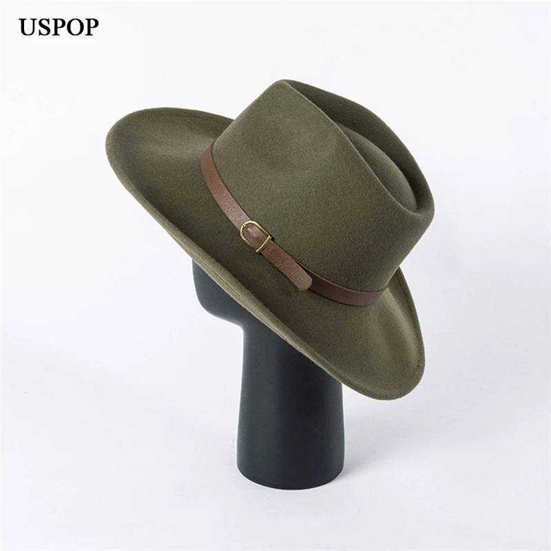 

USPOP 2022 New Autumn Vintage Belt Wide Brim Wool Jazz Fedoras Winter Women Wool Hats