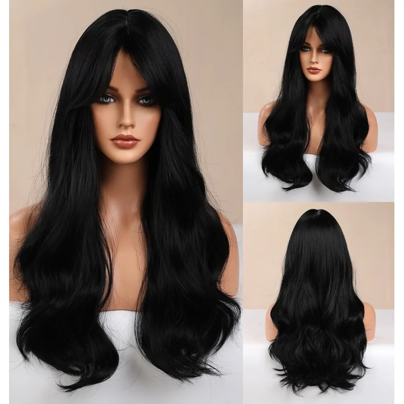 

Black Natural Long Wavy Cosplay Wigs With Bangs Heat Resistant Hair Women