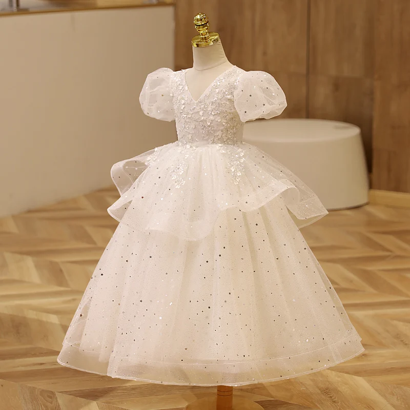 Robe de demoiselle d'honneur à manches bouffantes pour enfants, col en V, paillettes brillantes, robes de fête d'anniversaire, tulle à plusieurs niveaux, robe de Rhlongueur rinçage, 2023