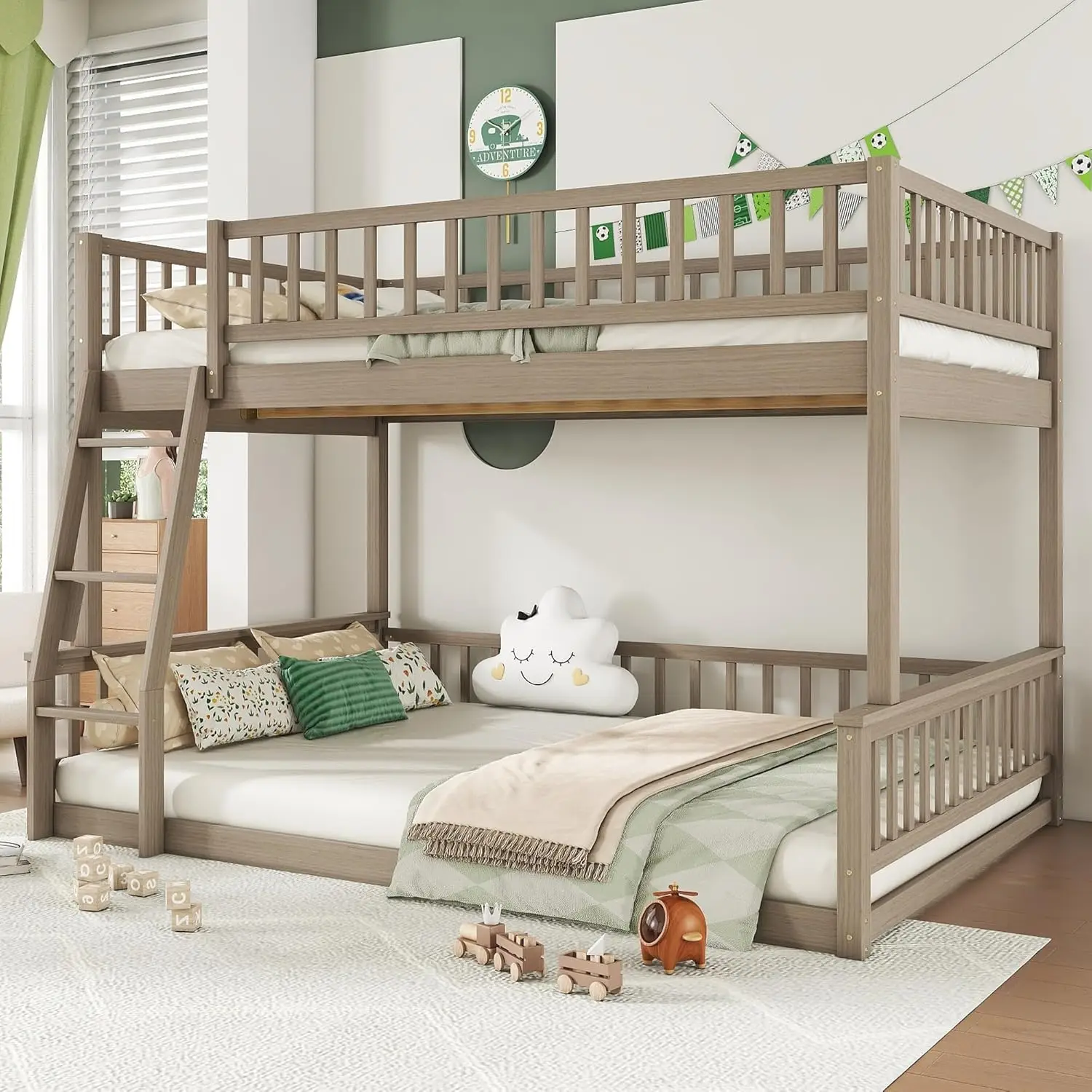 

Full XL Over Queen Bunk Bed for Kids/Adults,Queen Size Floor Bunk Beds with Inclined Ladder,Solid Wood Low Bunk, Customized