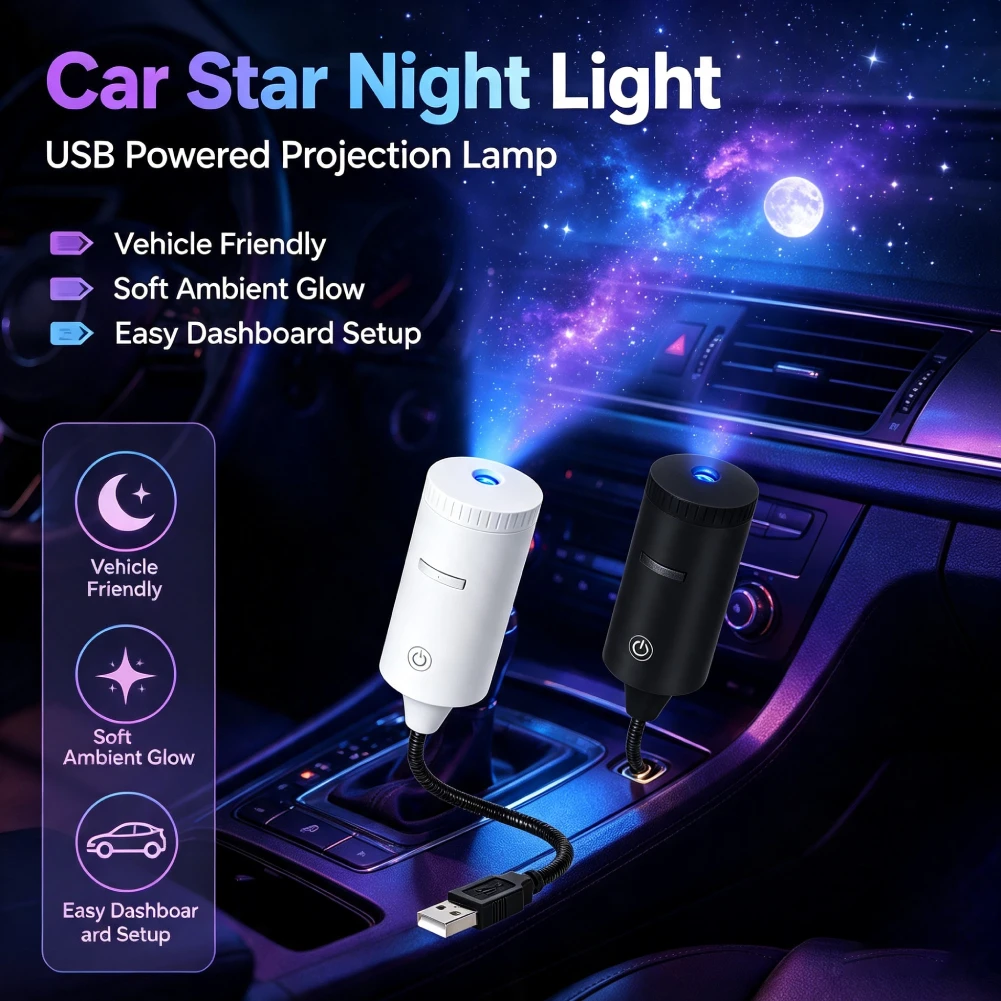 USB Powered Star Projector Changeable Patterns & Flexible Galaxy Ambient Projector Lamp for Home Office Car Decoration
