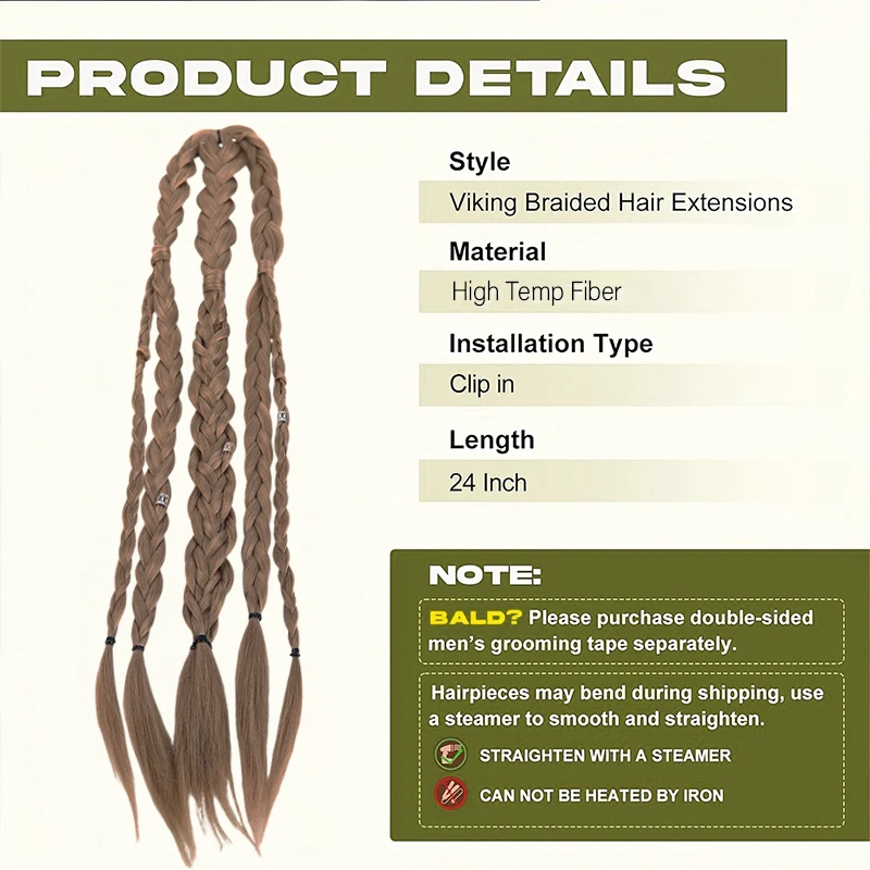 20 Inch Medieval Braided Ponytail Extensions Heat Resistant Synthetic Fiber Clip in Viking Hair for Men Women