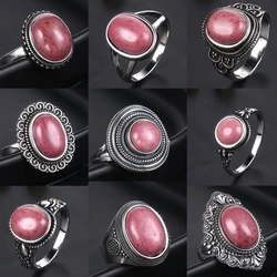 Natural Rhodochrosite Rings Women's S925 Sterling Silver Jewelry Ring Gifts Vintage Fine Wedding Ring