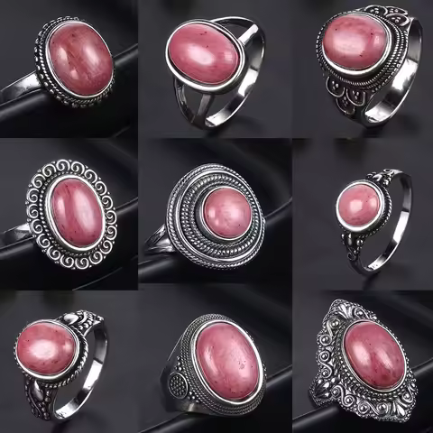 Natural Rhodochrosite Rings Women's S925 Silver Jewelry Ring Gifts Vintage Fine Wedding Ring