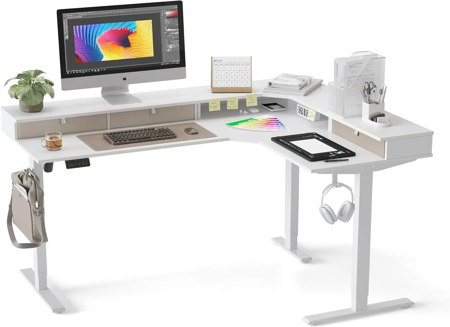 

L Shaped Electric Standing Desk 63 x 48 Inches, Adjustable Height Corner Desk with Drawers and Storage, Sit Stand Home Office Workstation with Splice Board, White