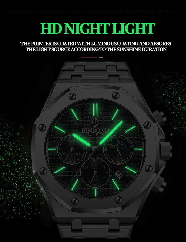 BINBOND Qualität Männer Uhr Luxus Hohe Mann Quarz Armbanduhr Wasserdicht Leucht Datum Edelstahl herren Uhren Casual Uhr – Detail 9