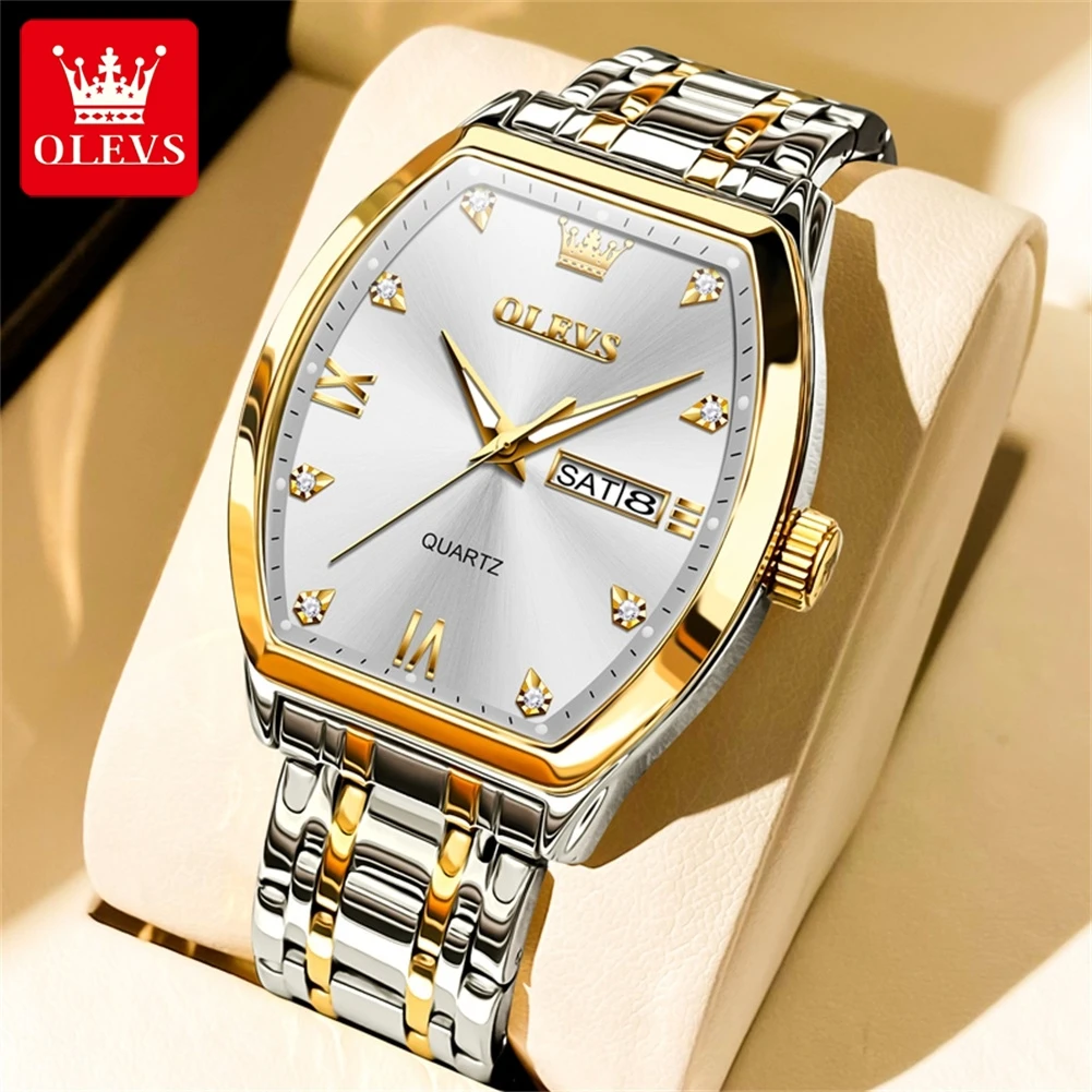 

OLEVS Quartz Watch for Men Golden Stainless Steel Strap Waterproof Dual Calendar Display Elegant Men's Watch Relógio Masculino