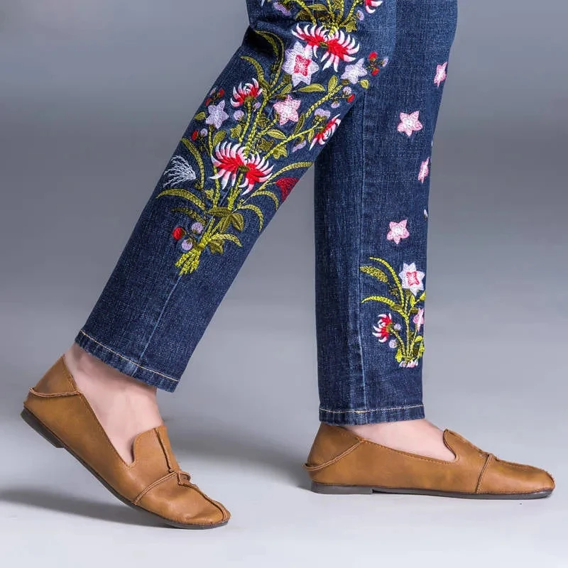 Lace Up Floral Embroidery Harem Jeans Women Streetwear Elastic High Waist Denim Pants Korean Vintage Casual Chic Kot Pantolon