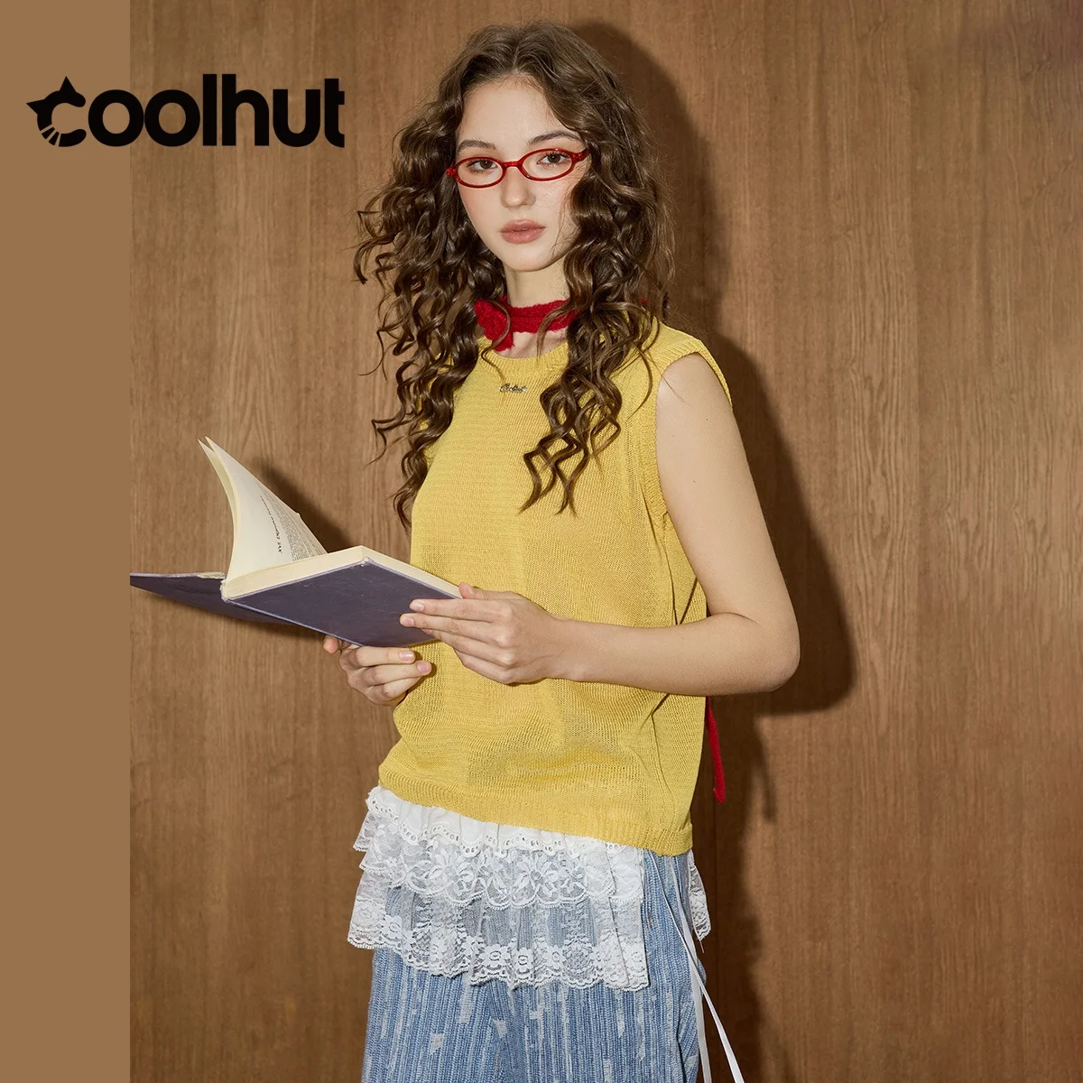 COOLHUT レディース 2025 ノースリーブ レース ニット ベスト ラウンドネック ルーズフィット 無地 カジュアル サマー エッセンシャル 軽量 カバーアップ