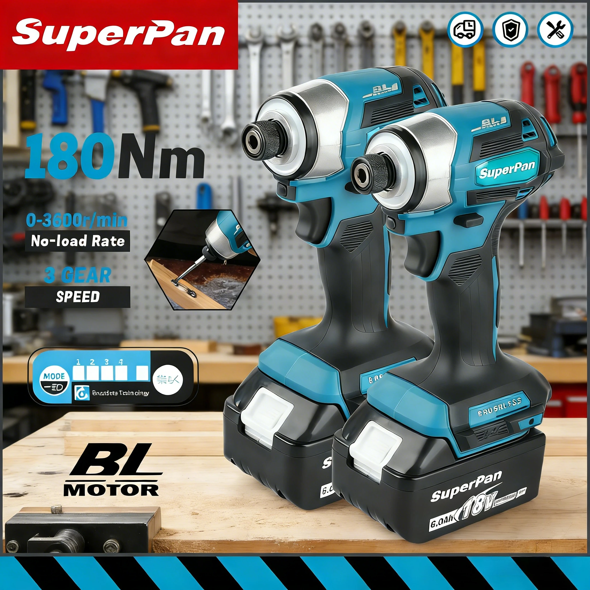 

SuperPan SP173 Cordless Brushless Impact Driver 6.0Ah for Furniture Assembly Appliance Installation for makita 18V battery pin