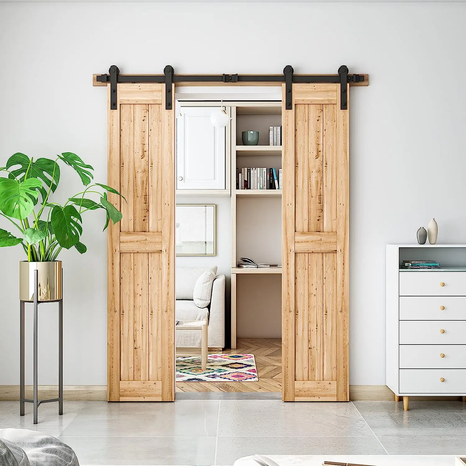 Imagem -03 - Lwzh Black Carbon Steel Sliding Barn Door Hardware 4-9.6ft Track Roller para Porta Dupla em Forma de i