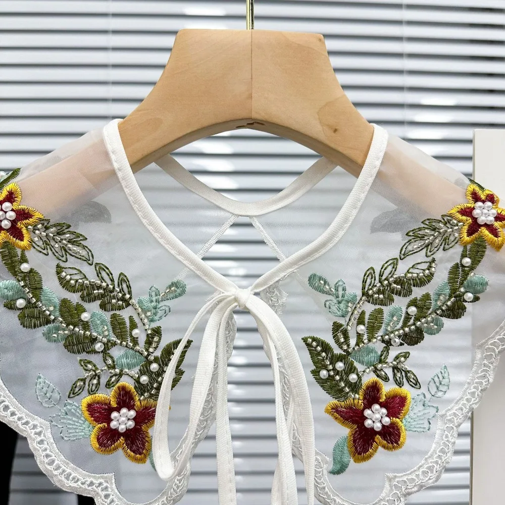 

Fashion White Women's Lace Collar Fake Collar Organza Embroidery Dingzhu Shawl Collar Lace Up Shawl Dress Blouse Decor
