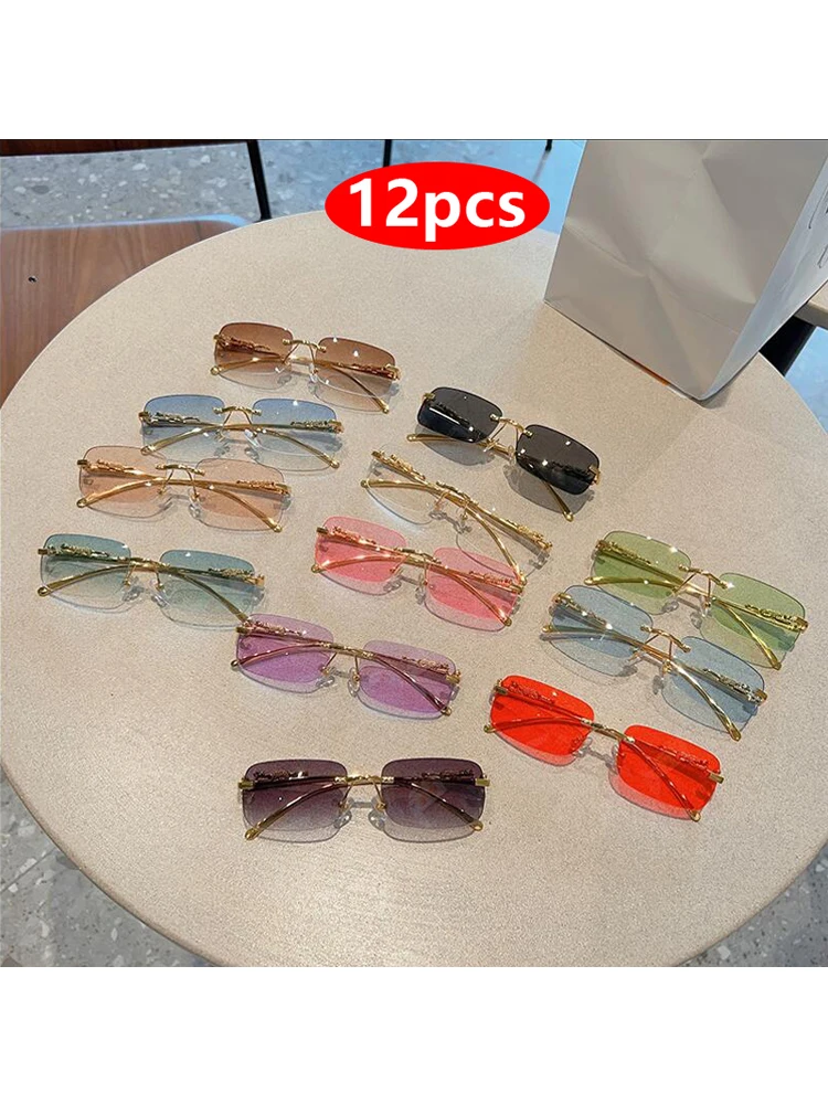 Lunettes de protection 12 pièces marque léopard sans monture lunettes de soleil rectangulaires mode Y2K lunettes de soleil sans cadre nuances pour femmes hommes UV400