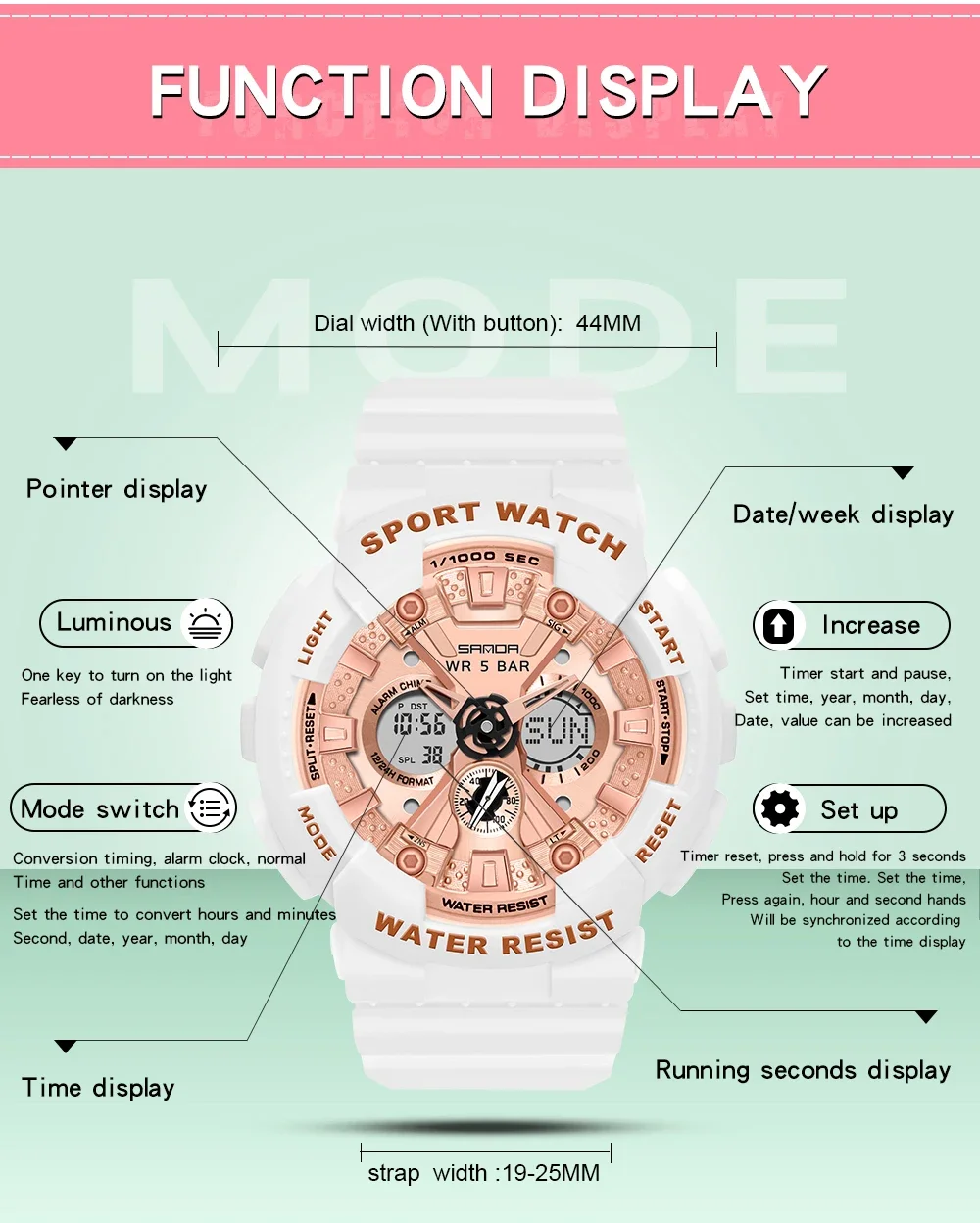 SANDA 6068 Multifunctional Electronic Womenes Watch  Waterproof Dual Display Luminous LED Digital Watch Fashion Women Watches