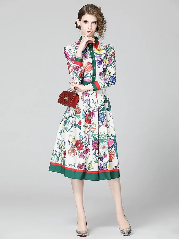 Greenora Fashion Runway Autumn Striped Flower Dress Women's Turn Down Collar Long Sleeve Floral Print Midi Tunic Party Pleated V