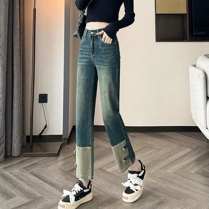 Vintage Patchwork Straight Cropped Pants Spring Autumn High Waist Women\'s Clothing Stylish Distressed Button Commute Basic Jeans