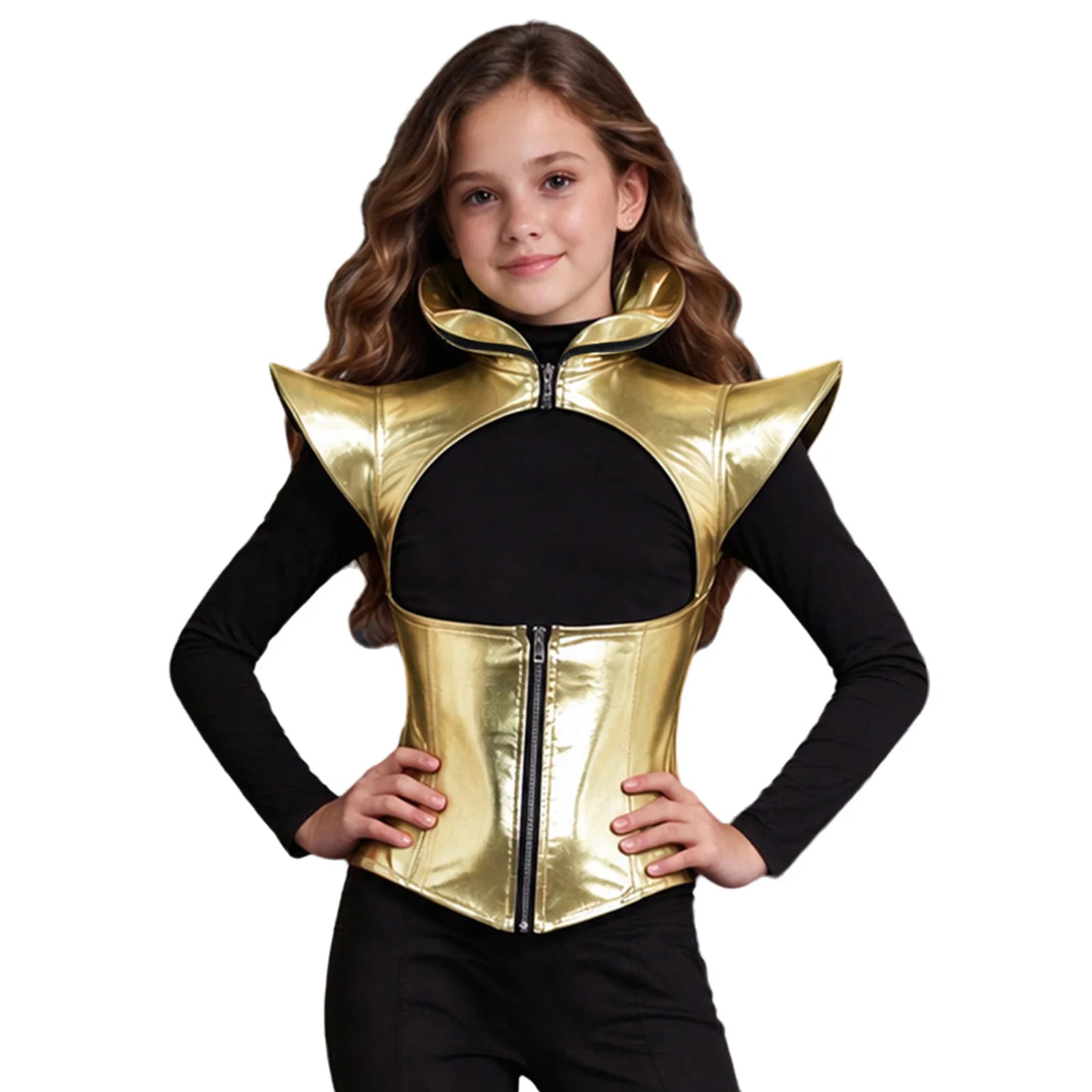 Girls Metallic Armor Shrug Top Hip Hop Jazz Dance Performance Costume Cap Sleeves Stand Collar Cutout Front Zipper Slim Fit Top