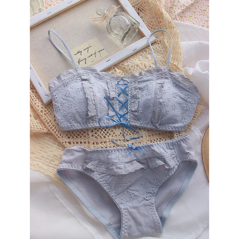 Romantic French Bra Set Women Lolita Simple Comfortable Underpants Bra Gentle Breathable Floral Fashion Ribbon Bow  Girl Bra Set