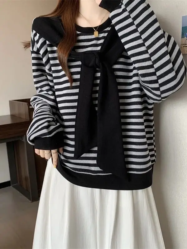 كسول القوس جلد حجم كبير هوديس بلوزات ربيع الخريف اثنين طويلة الأكمام نمط Preppy القمم الاتجاه الملابس النسائية الكورية #1