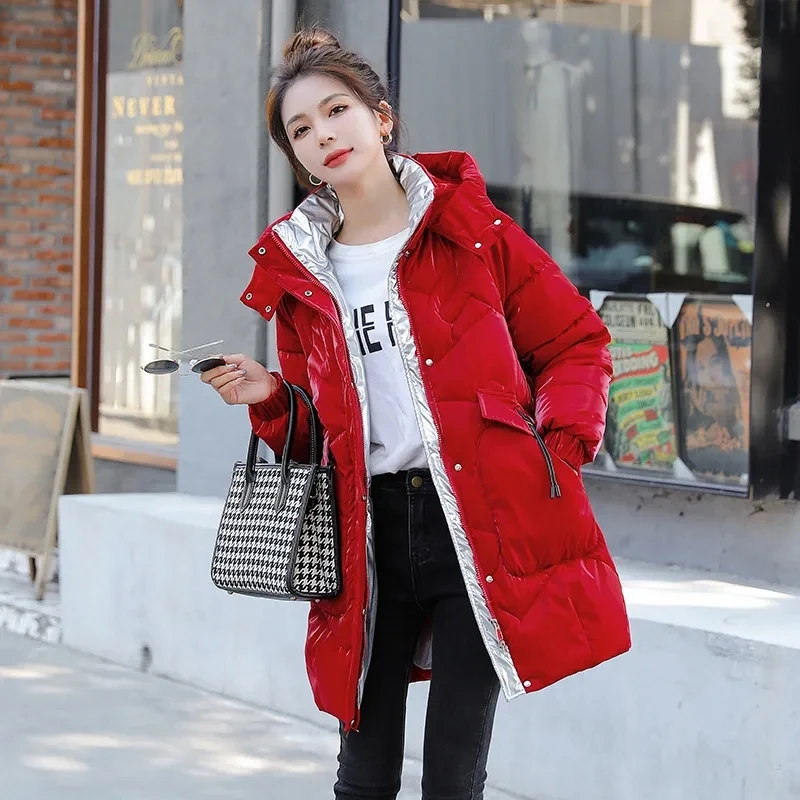 Winter New Korean Loose Padded Jacket Female Large Size Hooded Long Parkas Down Cotton Coat Womens Bright Face Wash Free jacket