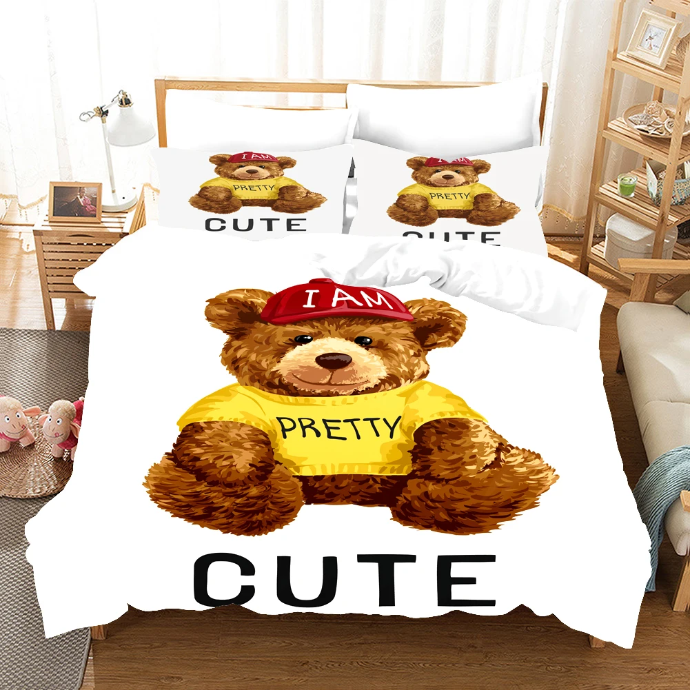 3D Cartoon Cute Teddy Bear Duvet Cover Set With Pillowcase Sheet Twin Full Queen King Bedclothes Bed Linen