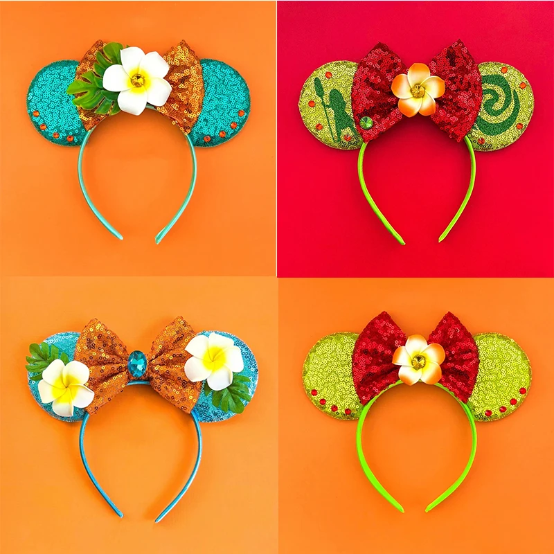 Disney Cute Ears Moana Headband Women Mickey Mouse Hairbands Girl Sequins Bow Flower Headwear Kids Hair Accessories Friends Gift