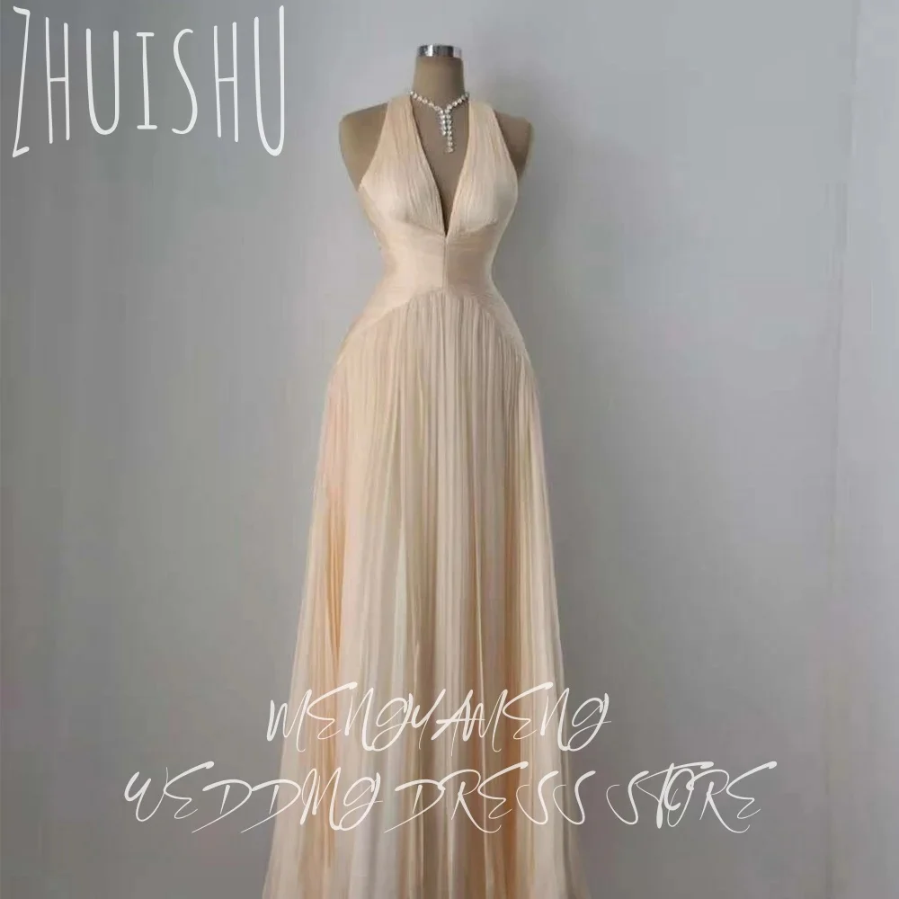ZHUISHU Simple Champagne Chiffon Evening Dress Customized Halter Sleeveless Women Party Dress Formal Celebrity Gowns Quinceanera