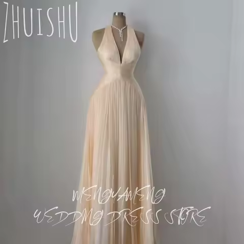 ZHUISHU Simple Champagne Chiffon Evening Dress Customized Halter Sleeveless Women Party Dress Formal Celebrity Gowns Quinceanera
