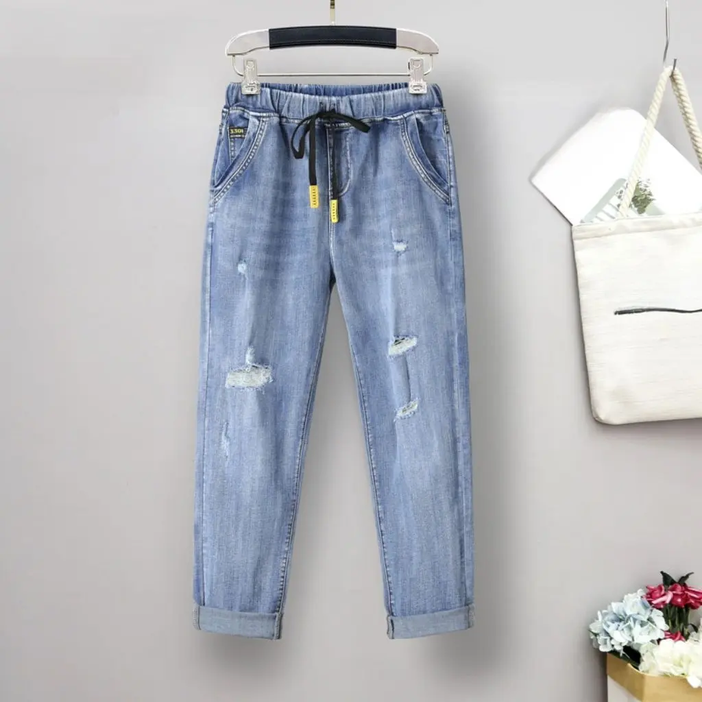 Hoge taille dunne gescheurde jeans voor grote maten dames stretch mollig meisje bijgesneden broek grote legging herfststijl
