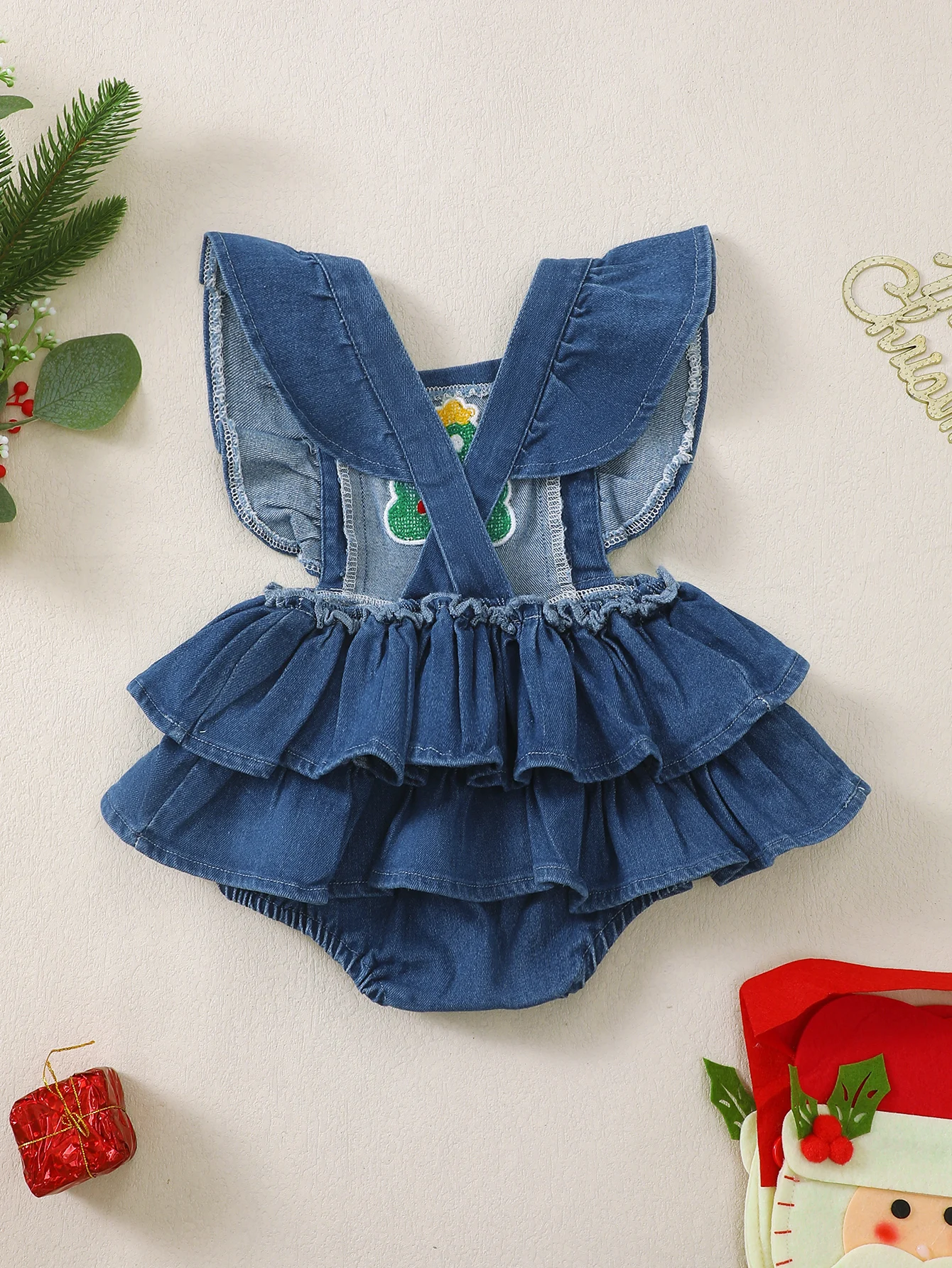 Baby Girl Christmas Tree Embroidered Towel Hemmed Lace Bib Dress Infant Clothing Holiday Outfit Girls Dress