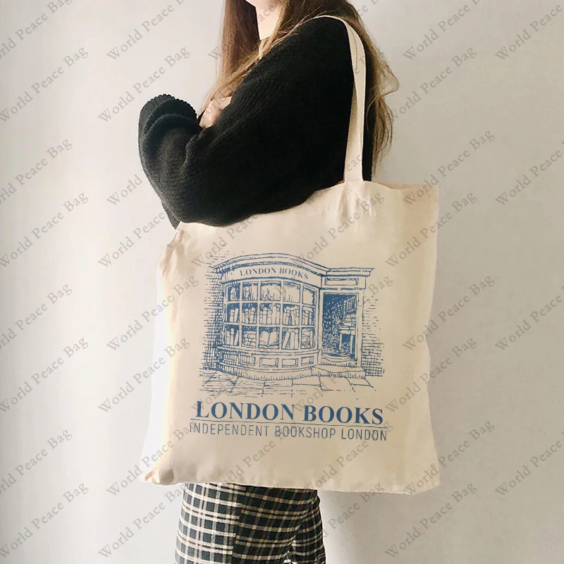 1 Pc London Book Independent Book Shop London Pattern Tote Bag Canvas Shoulder Bag for Travel Daily Commute Women\'s Shopping Bag