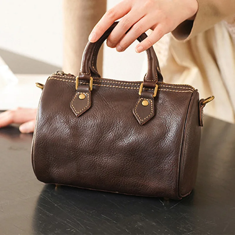 Mini Boston Handbag Genuine Leather Small Top Handle Bag with Removable Shoulder Strap Vintage Cowhide Leather Crossbody Purse