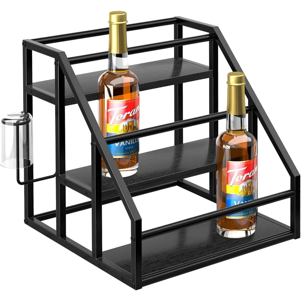3-Tier Syrup Bottle Holder Stand, Spice Rack Organizer for Kitchen Countertop, Black