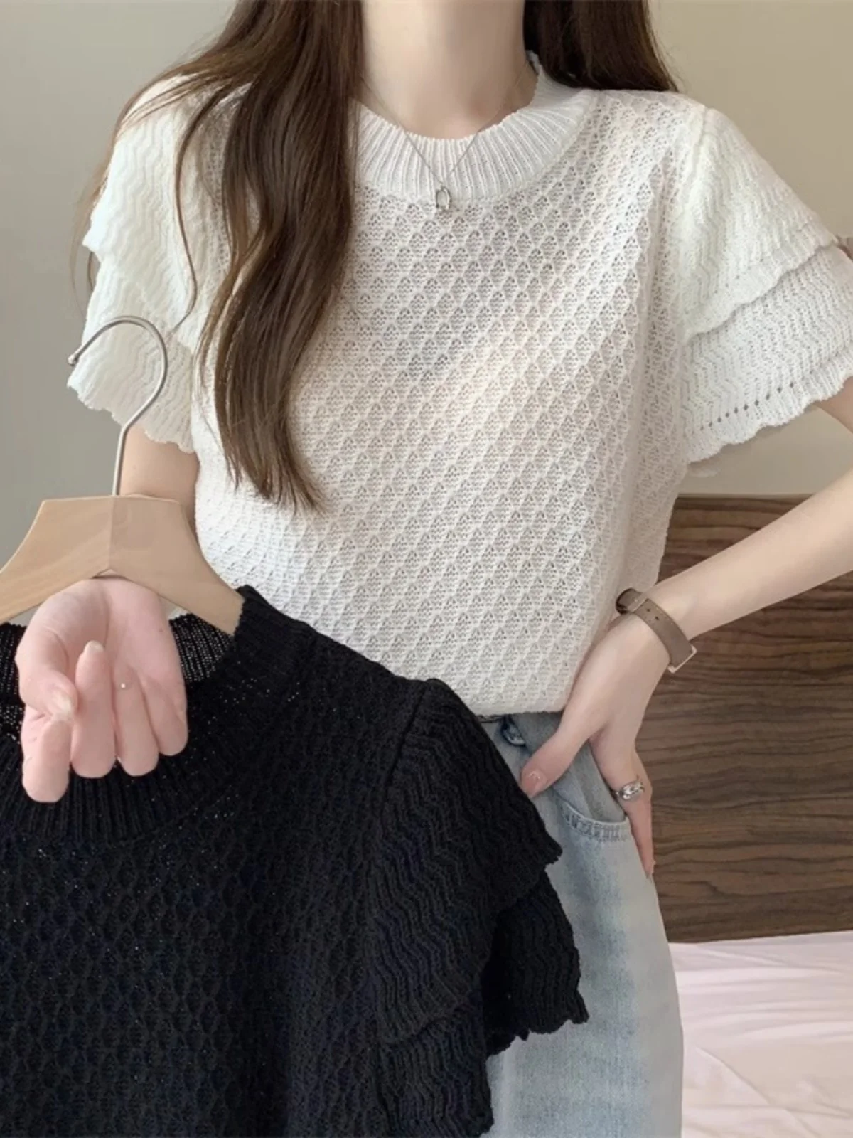 

plus Size Women's Knitwear ort Sve round Ne Sweet Summer Top Conceal Meat Slimming Sle Commute Faion Color